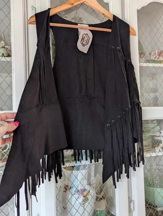 Lg Irvines Black Fringe Suede Women's Vest Eyelet Western Biker - Picture 5 of 6